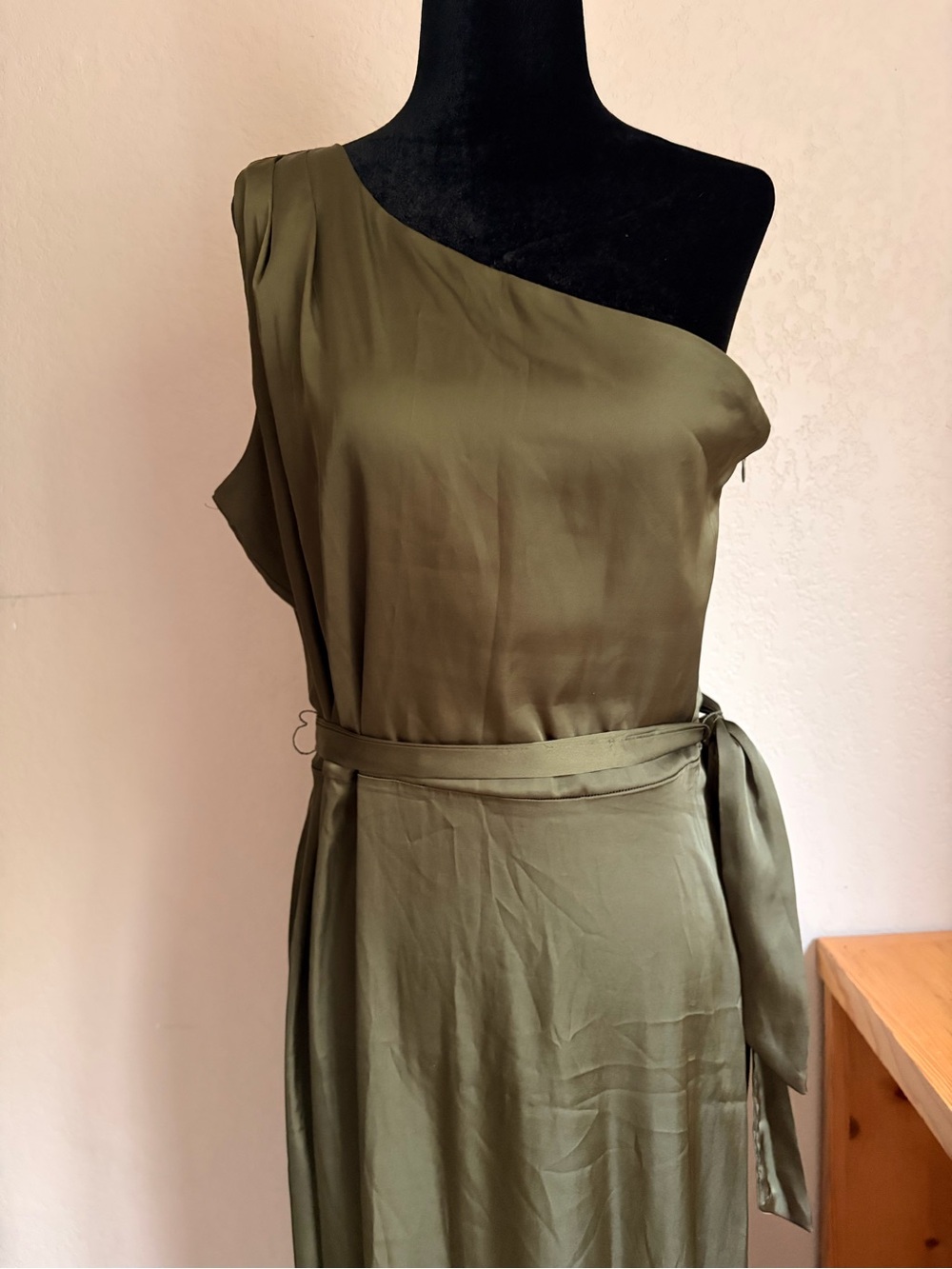 Nicole Miller New York Asymmetric One-Shoulder Olive Green Dress with Waist Tie